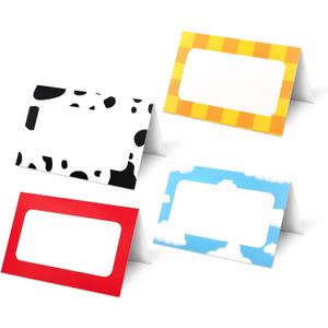 48pcs Cartoon Story Food Labels Signs - 6x4.6in 4 Style Theme Name Setting Card Folded Table Place Labels for Birthday Decorations Party Supplies