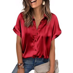 Zeagoo Womens Satin Blouse Short Sleeve Silk Tops Button Down Shirts Business Casual Outfits (Red, XXL)