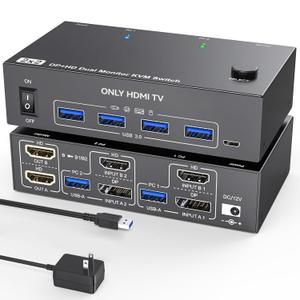8K@60Hz KVM Switch 2 Monitors 2 Computers 4K@120Hz,HDMI+DP Dual Monitors KVM Switches for 2 PC Sharing 2 Monitors with 4 USB 3.0 Ports,with Wired Remote, USB Cables