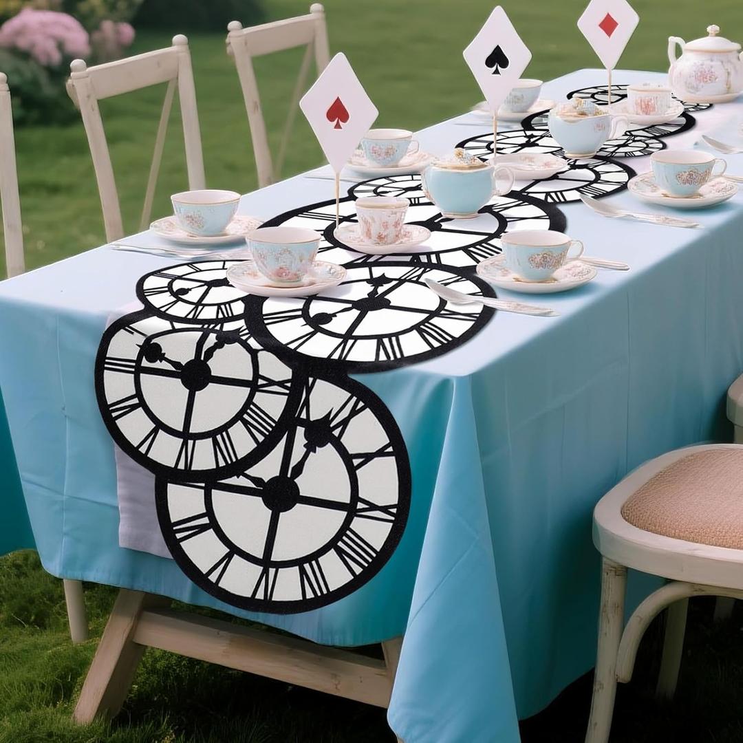 Preboun 2 Pcs Wonderland Tea Party Decoration 15" x 70" Clock Table Runner Decor Wonderland Curious Clock Table Runner Decoration for Birthday Wedding Dinner Party Favor Supplies (Black and White)