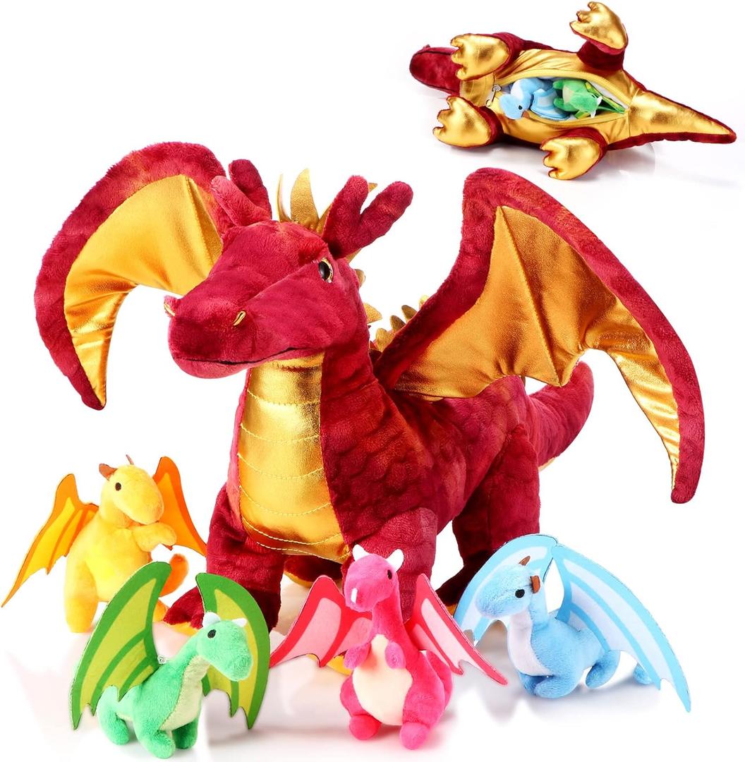 Lenwen 5 Pcs Dragon Plush Toys 16 Inch Stuffed Mommy Dragon Plush with 4 Babies in Zippered Belly for Kids Boys Girls Birthday Gifts Classroom Award Christmas Stocking Stuff