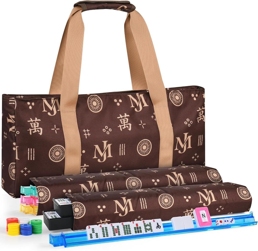 2026 American Mahjong Tiles Set, 166 White Tiles, 4 Color Racks & Pushers, Complete Western Mahjong Set with Blue Carrying Bag for Beginners & Experts (Brown)