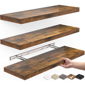 BAYKA Floating Wood Shelves - Wall Mounted for Bathroom,Bedroom,Living Room,Kitchen,Small Hanging Shelf for Books/Storage/Room Decor with 22lbs Capacity(Rustic Brown,Set of 3,15.7inch)