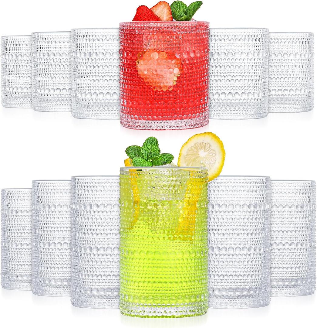 Vintage Hobnail Glasses Drinking Set of 12, 12 oz Highball Glasses & 10 oz Cocktail Glasses, Clear Embossed Water Glasses Cup, Kitchen Bar Glassware Set for Beer, Juice, Cocktail,Whiskey and Milk