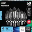 Feit Electric 60W Equivalent Candelabra LED Light Bulb, Dimmable, E12 Base, 5000K Daylight, B10 Filament Torpedo Tip Decorative Lighting Bulbs, 13-Year Lifetime, CTC60/950CA/FIL/6, 6-Pack