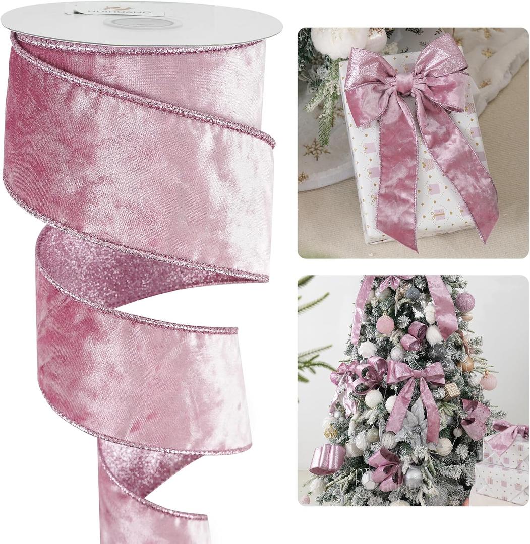HUIHUANG Pink Velvet Wired Ribbon 2.5 inch Light Pink Velvet Ribbon with Pink Glitter Christmas Ribbons for Gift Wrapping, Christmas Tree Decoration, Bows, Wreaths, Garlands- Continuous 10 Yards