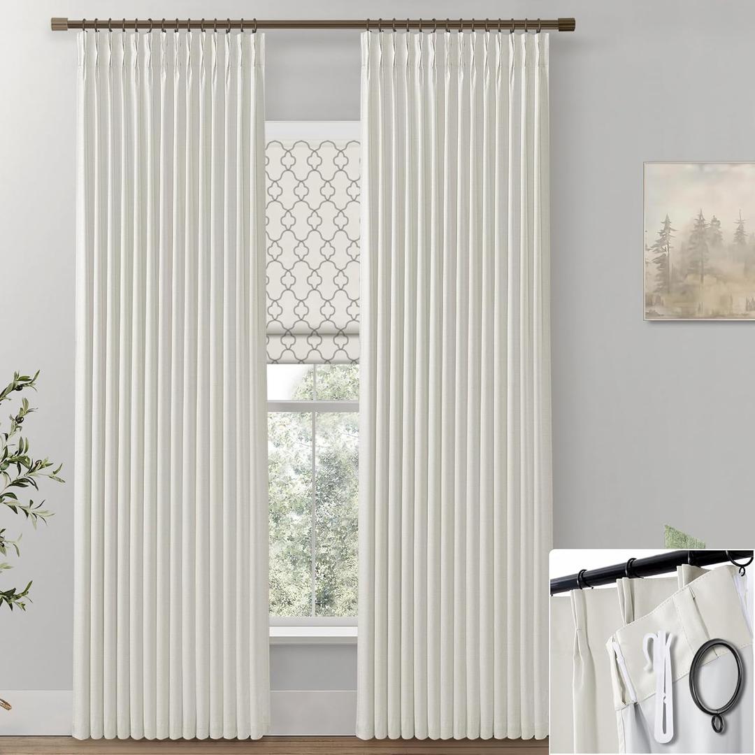 SHINELAND 108 Inch Curtains Long,Pinch Pleated Curtains Blackout Linen Black Out Extra Long Curtain for Living Room Drapes 108 Inches Long 2 Panels,Cream (40"W x 108"L (Pack of 2), Natural Cream)