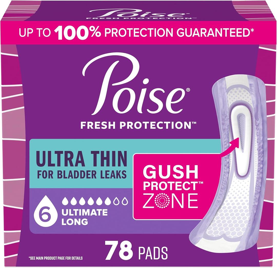 Poise Ultra Thin Incontinence Pads & Postpartum Pads for Bladder Leaks, 6 Drop Ultimate Absorbency, Long Length, 78 Count, 