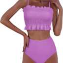 RXRXCOCO Womens Shirred Bandeau Bikini Cute Two Piece Swimsuit Off Shoulder High Waist Bathing Suit (XS)