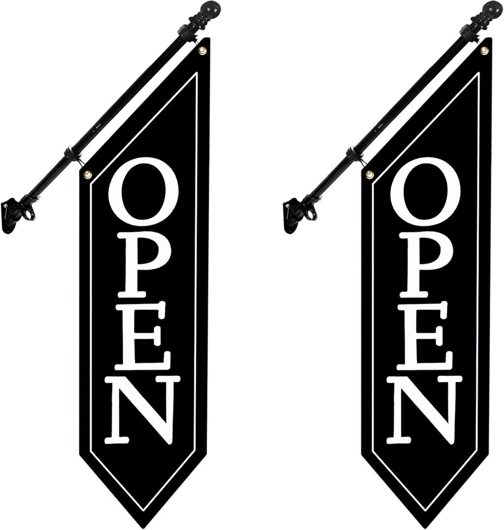 2 Pack OPEN Flag with Pole Kit - Heavy Duty Canvas Open Banner for Business Storefront, 42x12 Inch Outdoor Double-Sided Sign with Bracket - Advertising Signage for Retail & Shops (Black)