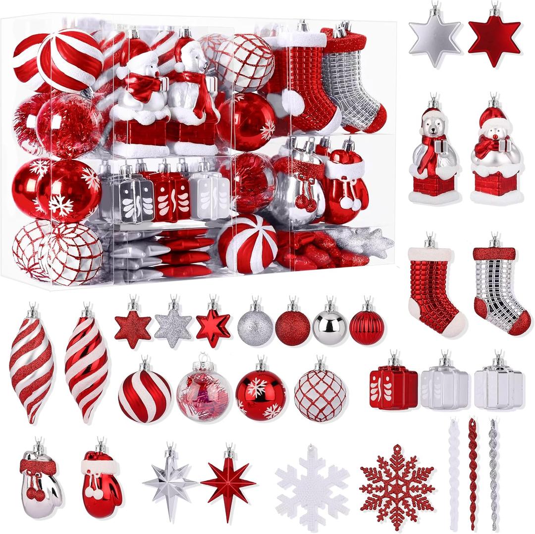 Alupssuc 112pcs Christmas Balls Ornaments Set, Shatterproof Plastic Baubles Christmas Penguin, Polar Bear for Xmas Tree Holiday Wedding Party Decorations with Hanging Strings, Red, Silver and White
