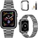MioHHR Solid Stainless Steel Band Compatible with Apple Watch 45mm, Metal Strap with Soft TPU Case for iWatch Series 9 8 7 45mm Women and Men, Space Gray