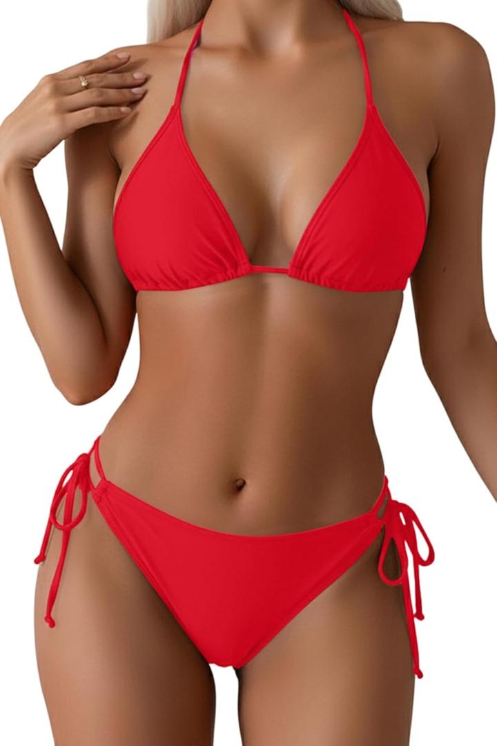 Tempt Me Women Triangle Bikini Sets Halter Two Piece Sexy Swimsuit String Tie Side Bathing Suit (Red), Medium