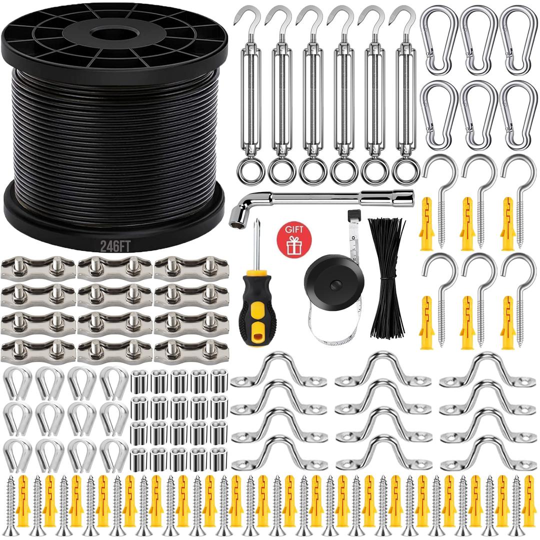 246FT Black Vinyl Coated 304 Stainless Steel Wire Rope Cable Kit – Heavy Duty Outdoor String Light Hanging Guide Wire with M5 Turnbuckle for Patio, Garden, Christmas Lights
