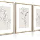 Neutral Botanical Prints Wall Art Flower Minimalist Canvas Wall Decor Vintage Line Wall Art Floral Plant Painting Pictures Beige Boho Artwork Farmhouse Poster for Bedroom 12x16x3 Inch Wood Framed