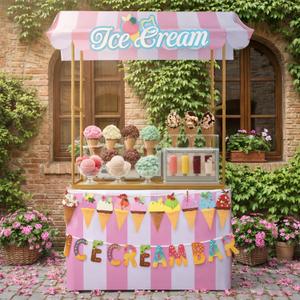 Tioncy 6 Pcs Ice Cream Bar Stand Kits Ice Cream Sundae Bar Supplies Party Decor (Without Table) Include Shelf Banner Roof Pennant Table Skirt for Photo Props Outdoor Party Decor (Desk Is Not Included)