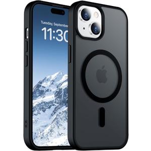 Designed for Magnetic iPhone 14 Case & iPhone 15 Case,[Compatible with MagSafe] [Military Grade Drop Protection] Slim Translucent Matte Shockproof with Anti-Fingerprint Phone Case 6.1"-Black
