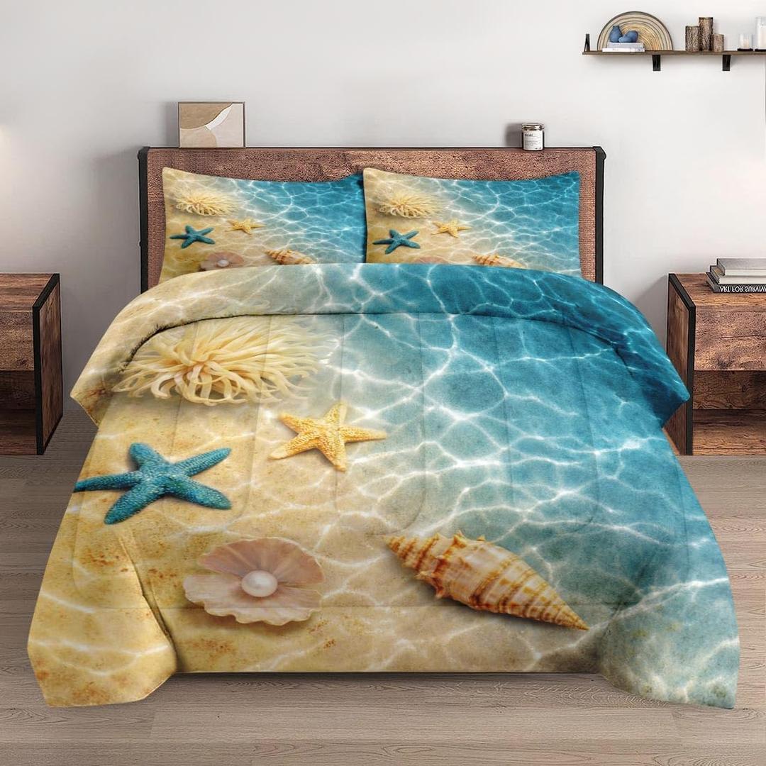 WeCozy Full Size Comforter Set with 2 Pillowcases, Summer Marine Seashell Starfish Beach Ocean 3 Pcs Soft Bedding for Kids and Adults Bedroom Bed Decor