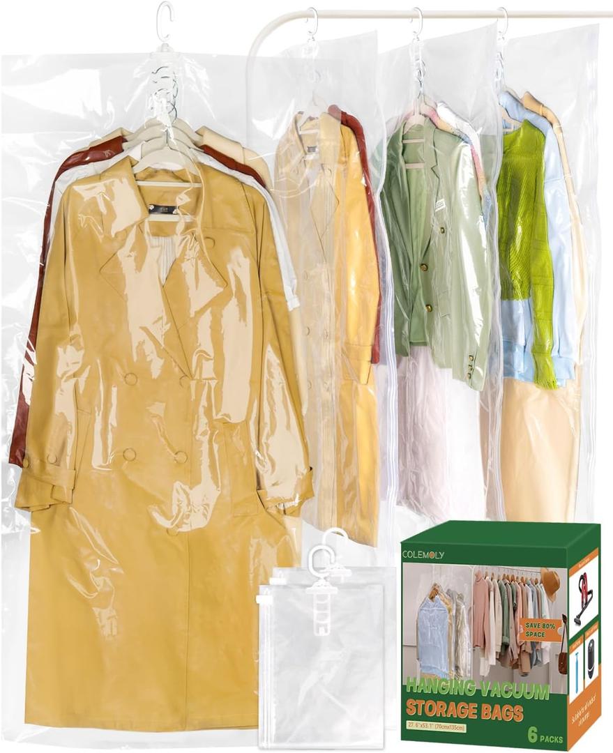 Colemoly Hanging Vacuum Storage Bags for Clothes 6 Pack 53.1x27.6 Inches Large Transparent Vacuum Seal Bags, Space Saving Storage Bags for Dresses/Coats/Suits, Waterproof/Dustproof/Wrinkle-Free