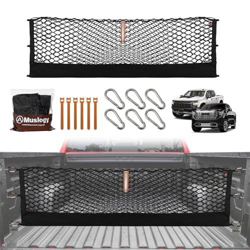 Muslogy Truck Bed Cargo Net Trunk Netting Compatible with 2013-2026 Chevy Silverado & GMC Sierra 1500/2500HD/3500HD Accessories, Pickup Cargo Organizer SUV Sedan Storage Net w/Heavy Duty Carabiners