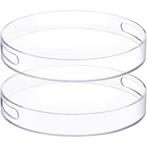 2 Pcs 12 Inch Acrylic Round Tray with Handles Sturdy Clear Round Serving Decorative Circle Tray for Kitchen Bathroom Vanity Coffee Table Ottoman Food Tea Snacks