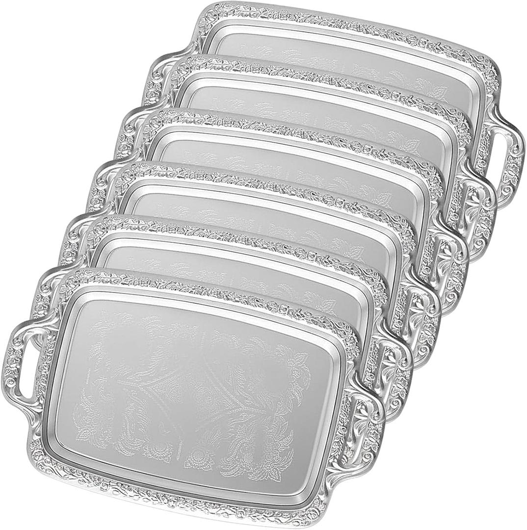 6 Pcs Silver Serving Tray Elegant Floral Metal Plate Silver Platter for Buffet Wedding Party Jewelry Decorative (Oblong with Handle)