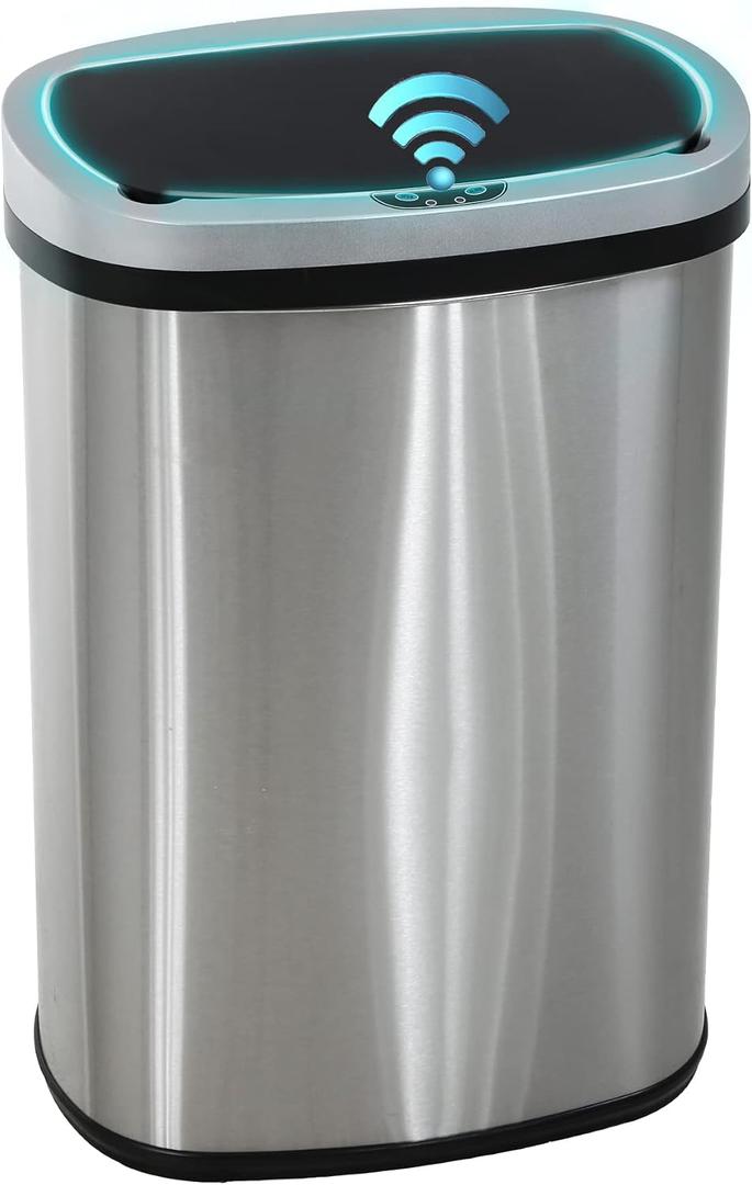 PayLessHere 13 Gallon / 50 Liter Trash Can Stainless Steel Touchless Trash Bin Oval Shape Office Waste Bin for Kitchen Bathroom Bedroom Living Room with Lid Powered by Batteries (not Included)