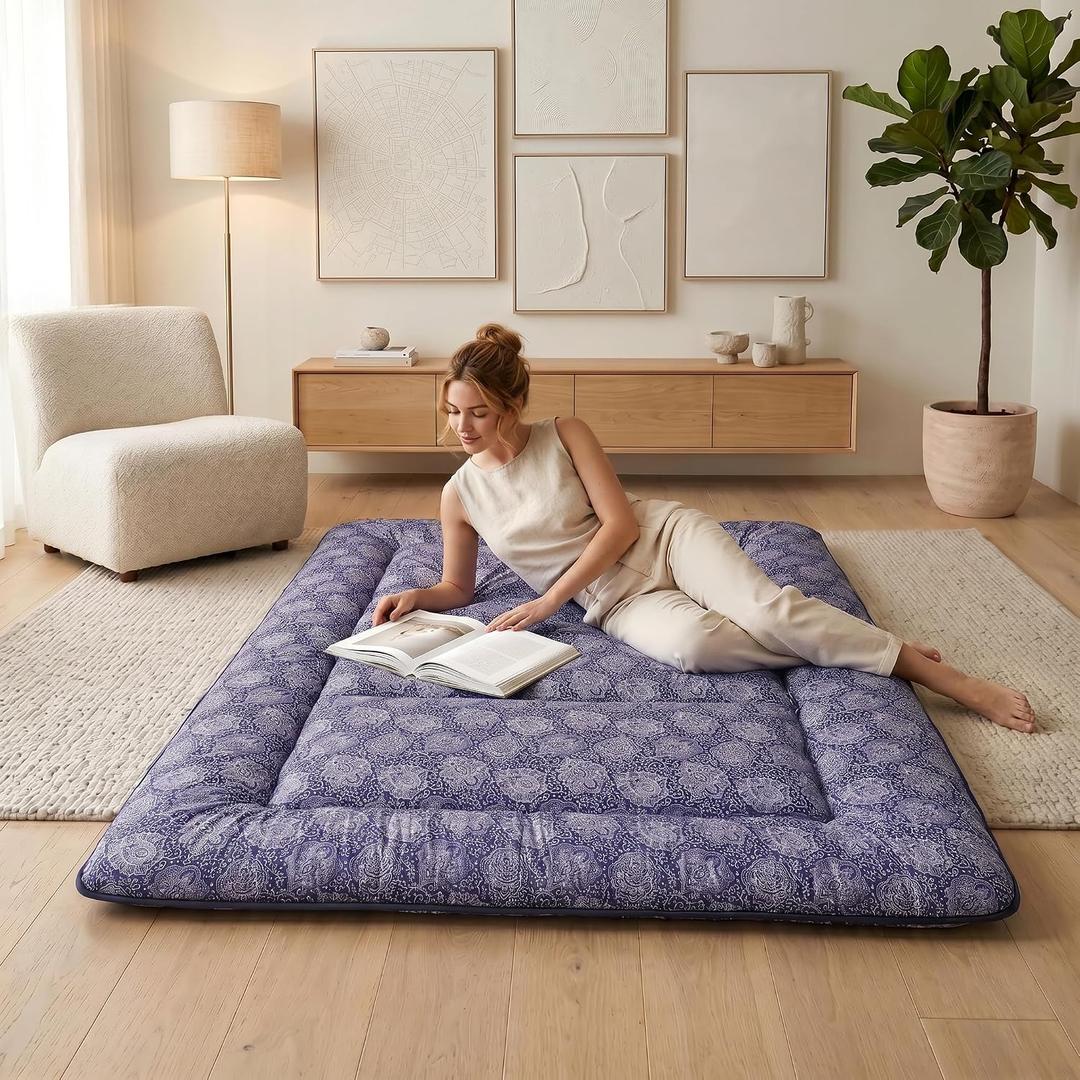Zelladorra Japanese Floor Mattress, Futon Mattress, Purple Floral( 4"th + Dust Cover ）, Full (80"L x 54"W)