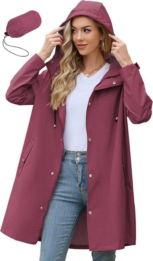 Zando Long Packable Rain Jacket Women Waterproof - Raincoat for Women Rain Coat with Hood Lightweight Outdoor Windbreaker (Medium, Wine Red)