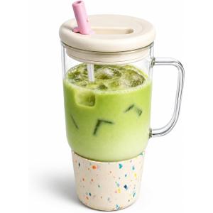 40oz Glass Tumbler with Straw and Lid, Glass Cup with Silicone Sleeve | Leakproof Lid, Fits Car Cup Holder Glass for Iced Coffee, Water, Cold Drinks, Travel, Outdoor, Partys&Home