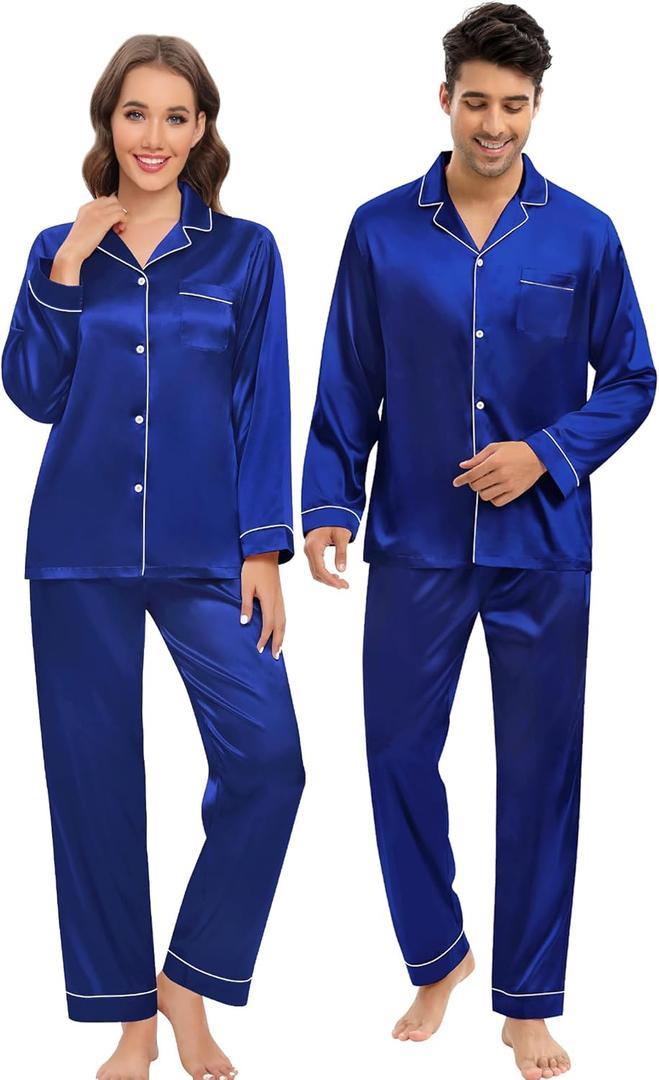 DIKFA Silk Satin Pajamas Set for Couple Matching PJS Women Men 2 Piece Button Down Loungewear Sleepwear Long Sleeve Pjs Set, Women XXL