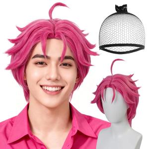 BESTBEL+Hair Cap Pink Wolf Cut Wig Short Pink Wig for Men Short Wavy Wigs Anime Synthetic Hair for KP Stage Outfits for Men Halloween Party Cosplay