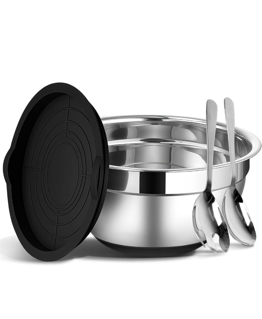 Stainless Steel Salad Bowl with Lid, Extra Large Metal Bowl with Serving Utensils for Preparing, Mixing, Marinating, and Serving with Anti-slip Bottom, Unbreakable Kitchen Bowls 7QT