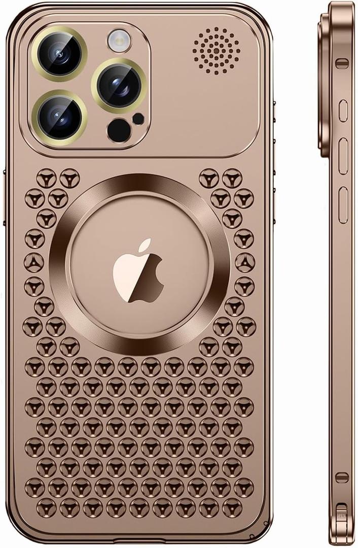Spring Buckle Aromatherapy Magnetic Phone Case, Suitable for IPhone 17Promax Metal Lens Film Hollow Missing Label Heat Dissipation Protective Cover (Desert Gold, iPhone 16 Pro Max)