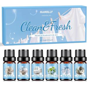 Essential Oils Set, Clean Scents Fragrance Oil Aromatherapy Essential Oils Kit for Diffuser (6x10ML) - Baby Powder, Bedtime Bath, Clean Cotton, Eucalyptus & Mint, Fresh Home, Fresh Linen Scented Oil