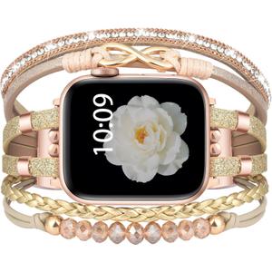 Boho Dressy Bracelet for Apple Watch Band 46mm 40mm 38mm 41mm 44mm 42mm 45mm 49mm Women, Elegant Handmade Beaded Leather Strap Accessories for iWatch Bands SE Series 11 10 9 8 7 6 5 4 3 2 1