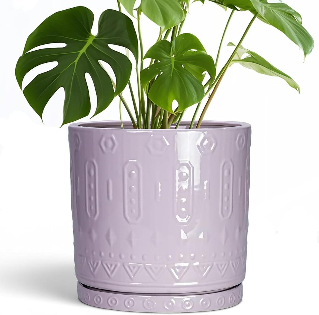 Eightpot 10 Inch Planter, Ceramic Plant Pots for Indoor Outdoor, Round Pot for Plants with Drainage Hole and Sacuer, Boho Plant Pot, Decorative Flower Pots, Living Room Decor, Purple