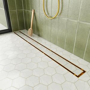 Neodrain 30-Inch Gold Linear Shower Drain with Tile Insert Cover, Golden 304 Stainless Steel Rectangle Shower Floor Drain, Linear Drain with Leveling Feet, Hair Strainer,CUPC Certified