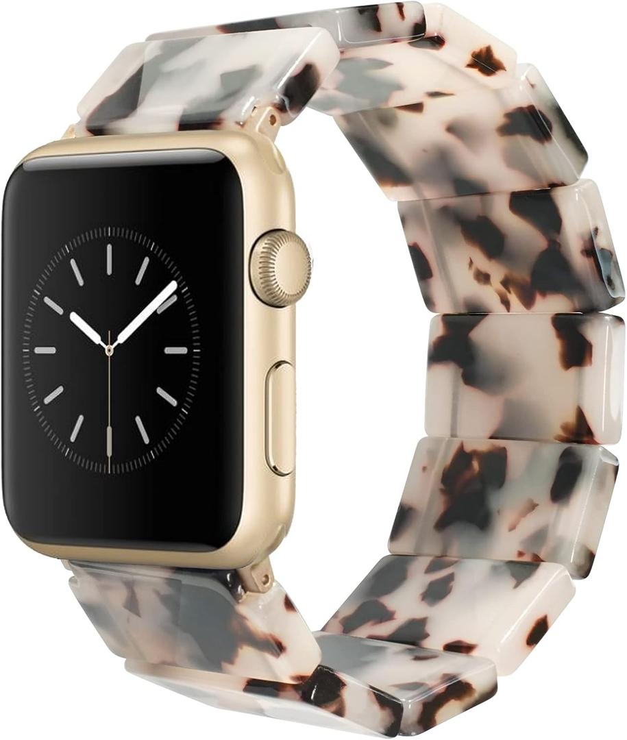 Heesch Resin Fashion Watch Band Compatible with Apple Watch Series Ultra//10/9/8/7/SE/6/5/4, Tortoise Elastic Watch Band Bracelet Jewelry Wristband Women Girl for iWatch, 38/40/41/42mm, 42/44/45/46/49
