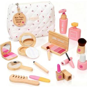 Wooden Pretend Play Makeup for Toddlers 1-3,100% Safe & Non Toxic | Natural Wood,Mess Free,Sparks Imagination,Montessori Toy Builds Fine Motor Skills,Birthday Gift For 1-3 Year Old Girls