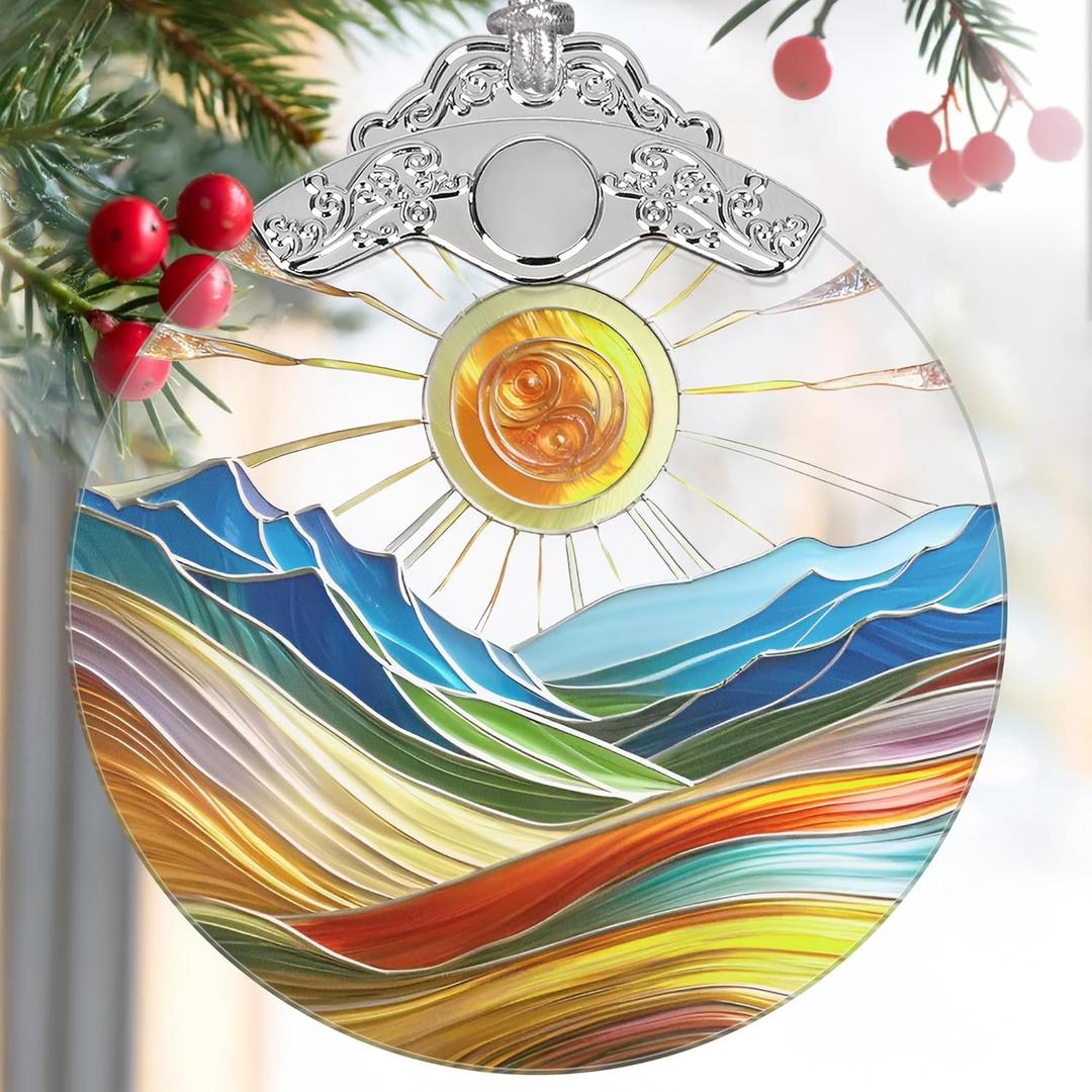 Sun & Mountain 2025 Holiday Ornaments - Christmas Ornaments, Stained Glass Christmas Tree Decor - Gift Idea for Friends - Mountain Theme
