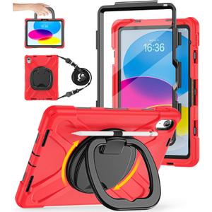 BATYUE Case for iPad (A16) 11th/10th Gen 11''/10.9'' 2025/2022 - Heavy Duty Shockproof Cover with 360 Rotating & 180 Folding Stand, Screen Protector, Shoulder Strap & Pencil Holder | Red
