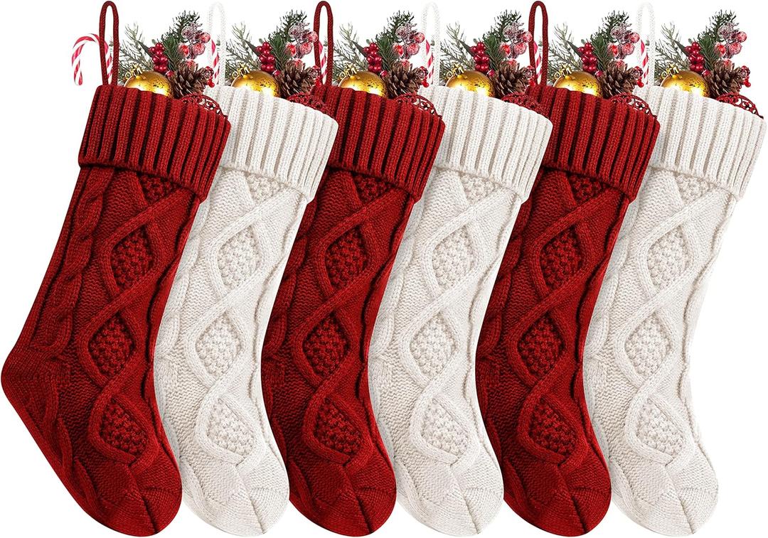 Fesciory Christmas Stockings, 6 Pack 18" Large Knit Stocking & Decor for Family Holiday Xmas Party Gift, Burgundy&Ivory