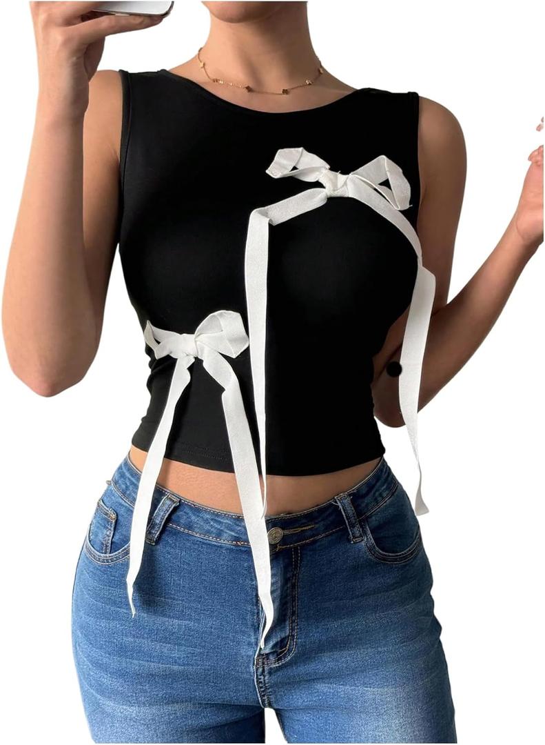 GORGLITTER Women's Bow Tops Summer Y2k Tank Top Coquette Going Out Crop Top (Black, XL)