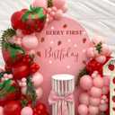 Berry First Birthday Backdrop Wall Sticker, Pink Strawberry Theme Party Decoration with Balloon Arch Sticker, Baby Girls Photo Background Decorate