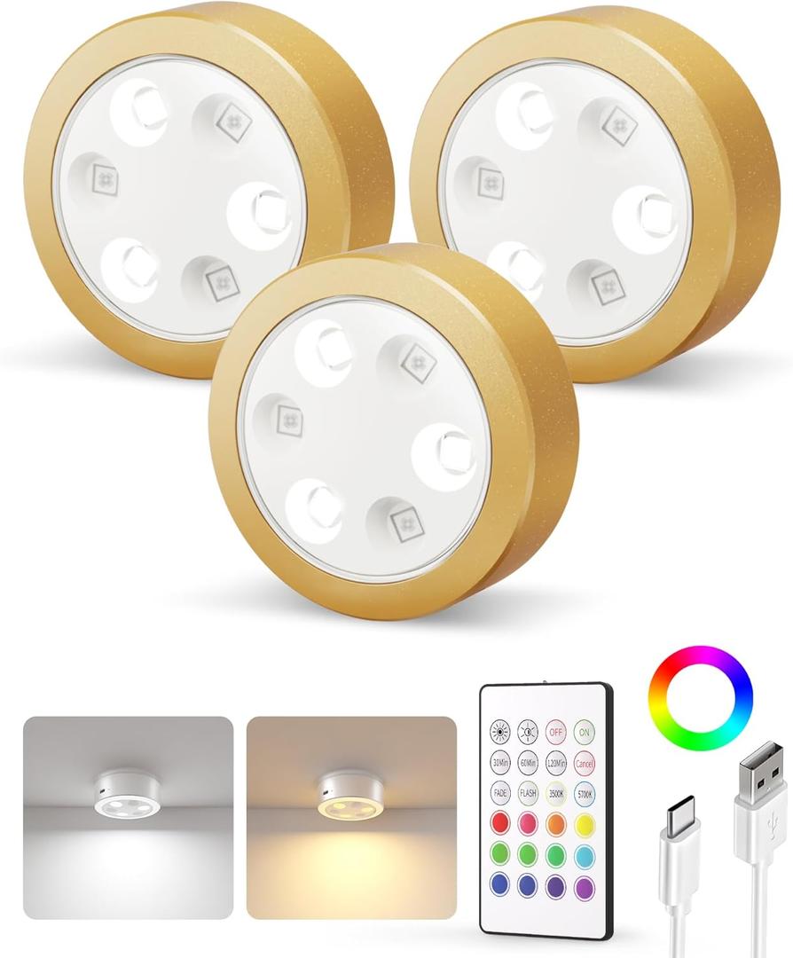 EZVALO Puck Lights with Remote,2000mAh Rechargeable Tap Light,RGB LED Display Lighting, Wireless Closet Light,Under Cabinet Lighs,Sitck On Lights for Kitchen,Closet,Pantry,Shelves(3 Packs) (Pure Gold)