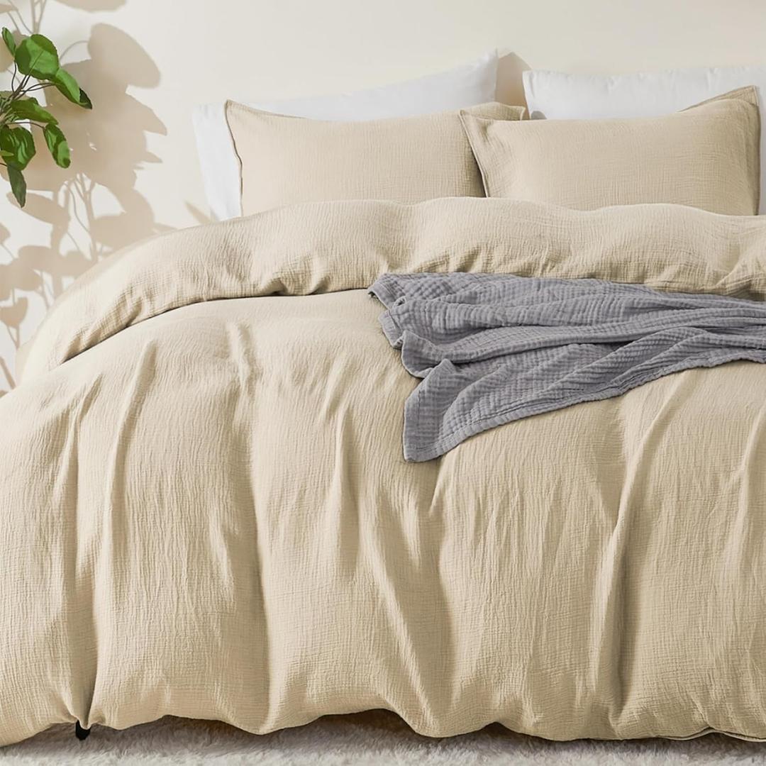 EMME Muslin Cotton Duvet Cover Set Light Tan Queen Size Linen Like Soft Breathable Lightweight Summer Comforter Cover Set with Zipper Closure (Light Tan, Queen, 90"x90")