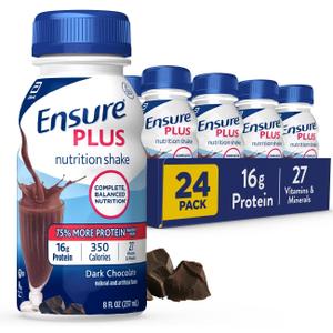 Ensure Plus Dark Chocolate Nutrition Shake | Meal Replacement Shake | Ready to Drink | 16g Protein and 27 Vitamins and Minerals | 8 fl oz - 24 Pack (EXP 10/01/27)