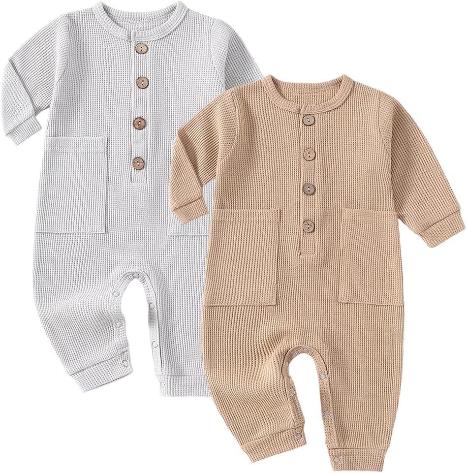 Baby Boys Girls 2 Pack Solid Romper Ribbed Long Sleeve One-Piece Knit Cotton Jumpsuit Outfits Clothes, Size: 0-3 Months