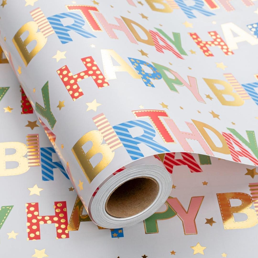 Merture Colorful Wrapping Paper Roll - 17 In X 32.8 Ft - Foil Happy Birthday Lettering & Candles Wrapping Paper for Birthday, Baby Shower, Party